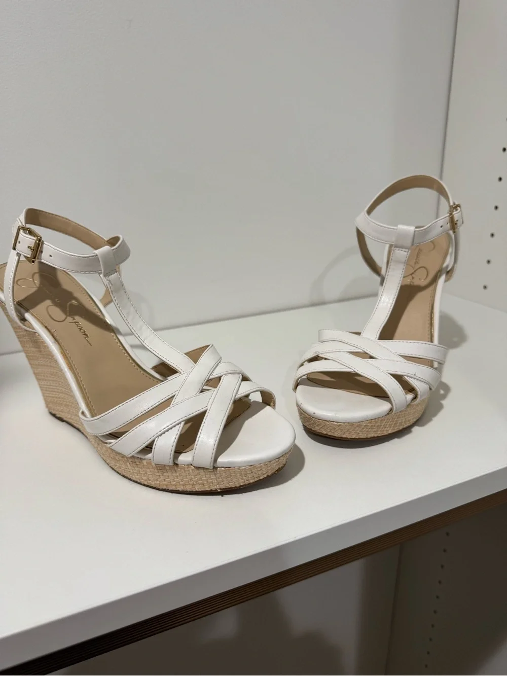 Jessica Simpson White Leather Espadrille Wedge Sandals